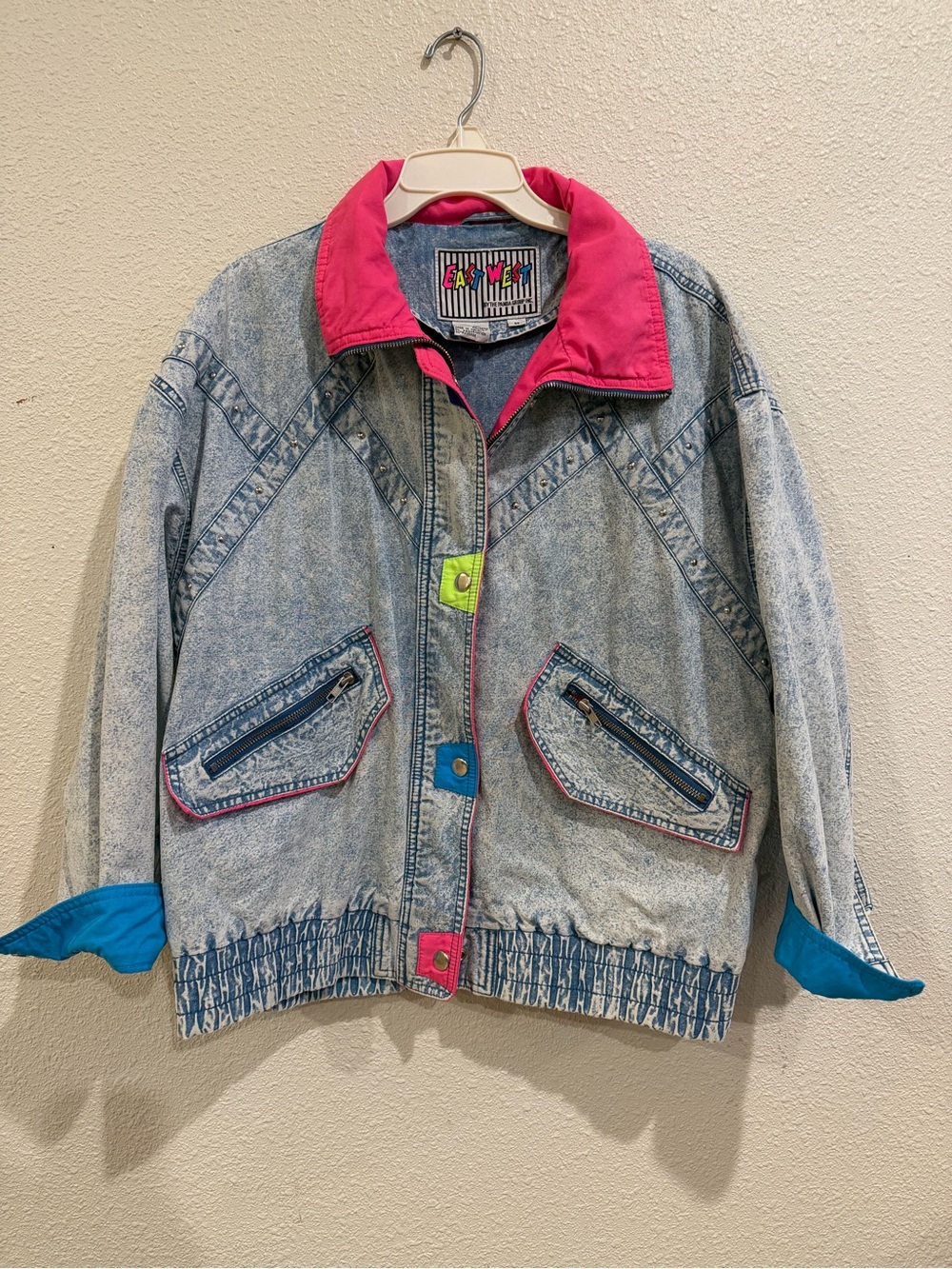 Vintage Acid-Wash Denim Jacket with Neon Accents by East West